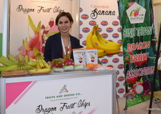 Mrs Demy from Fruits and Greens Co. The company supplies a variety of fresh fruits and dragon fruit chips from Vietnam.